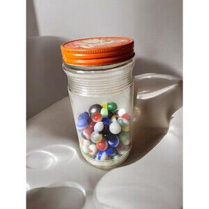 Vintage Tang Jar Orange Lid & Marble Lot Shooters Cat's Eye Steelie Swirl Estate